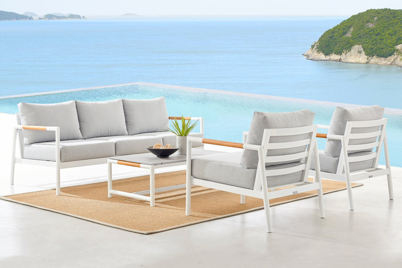 Crown 4 Piece White Aluminum and Teak Outdoor Seating Set with Light Gray Cushions - Furniture City (CA)l