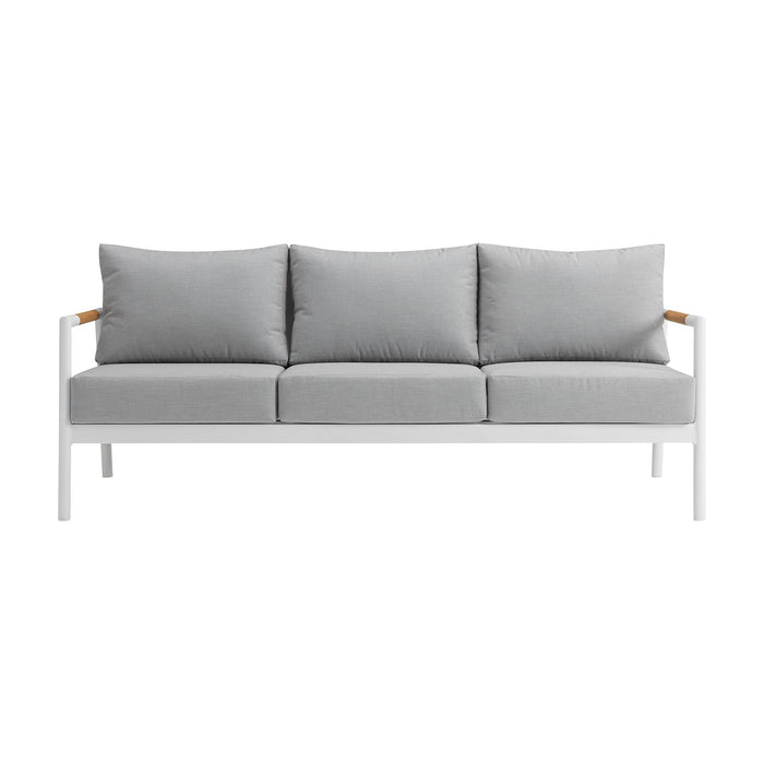 Crown Aluminum and Teak Wood Outdoor Sofa in White and Gray
