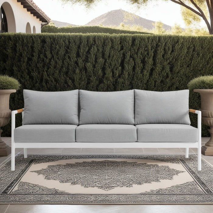 Crown Aluminum and Teak Wood Outdoor Sofa in White and Gray