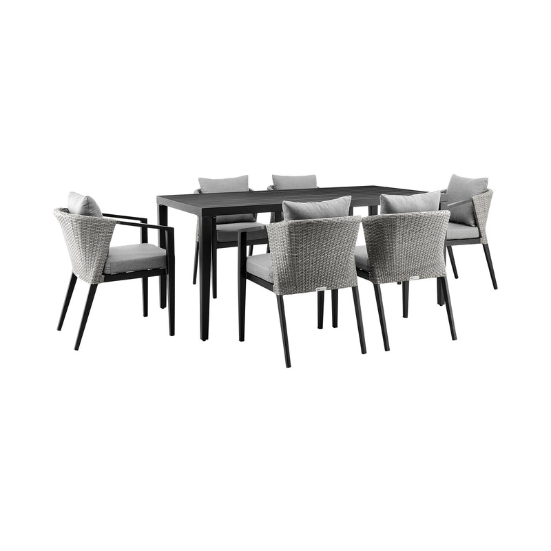 Palma Outdoor Patio 7-Piece Dining Table Set in Aluminum and Wicker with Gray Cushions - Furniture City (CA)l