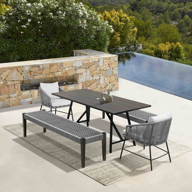 Frinton Ditas and Rhett 5 Piece Outdoor Dining Set with Dark Eucalyptus Wood and Gray Rope and Cushions - Furniture City (CA)l