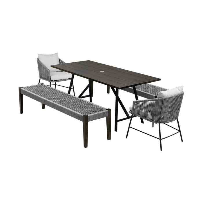 Frinton Ditas and Rhett 5 Piece Outdoor Dining Set with Dark Eucalyptus Wood and Gray Rope and Cushions