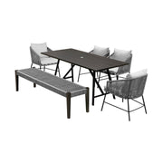 Frinton Ditas and Rhett 6 Piece Outdoor Dining Set with Dark Eucalyptus Wood and Gray Rope and Cushions - Furniture City (CA)l