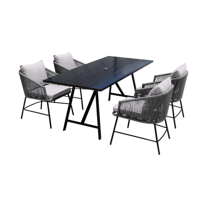 Frinton and Ditas 5 Piece Dining Set in Dark Eucalyptus and Metal with Gray Rope - Furniture City (CA)l