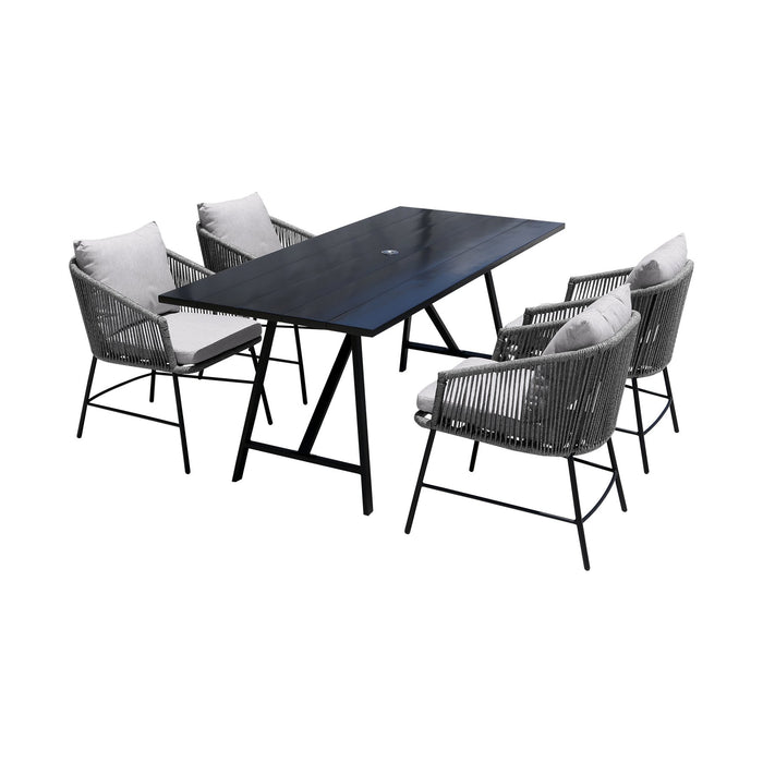 Frinton and Ditas 5 Piece Dining Set in Dark Eucalyptus and Metal with Gray Rope