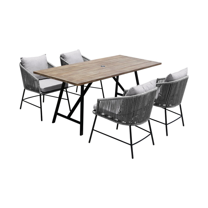 Frinton and Ditas 5 Piece Dining Set in Light Eucalyptus and Metal with Gray Rope