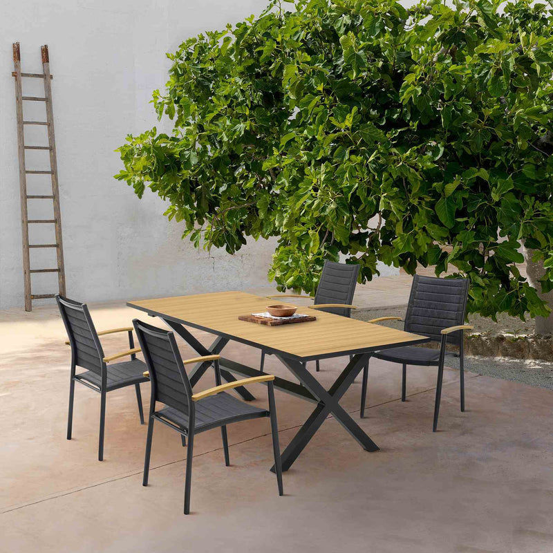 Portals Outdoor 5 Piece Black Aluminum & Teak Wood Dining Set - Furniture City (CA)l