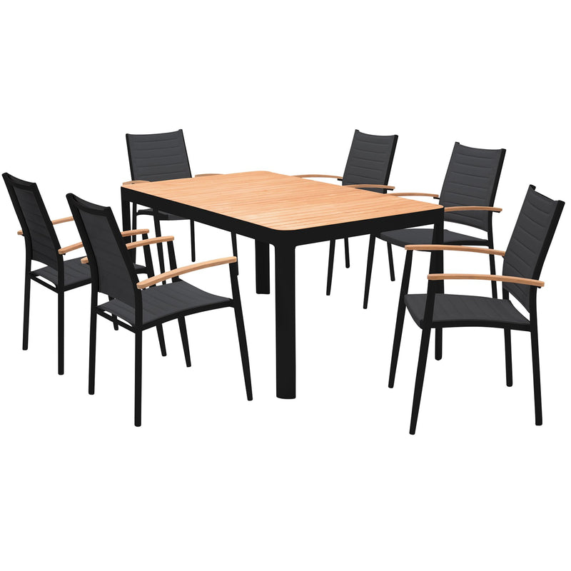 Portals Outdoor 7 Piece Black Aluminum & Teak Wood Dining Set - Furniture City (CA)l