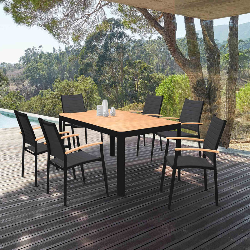 Portals Outdoor 7 Piece Black Aluminum & Teak Wood Dining Set - Furniture City (CA)l