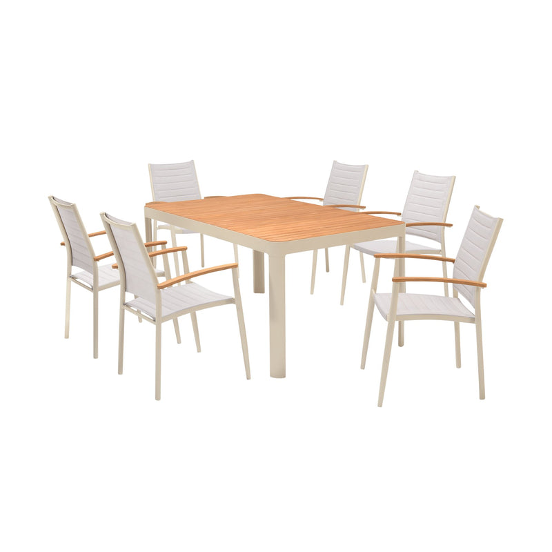 Portals Outdoor 7 Piece Coral Sand Aluminum & Teak Wood Dining Set - Furniture City (CA)l