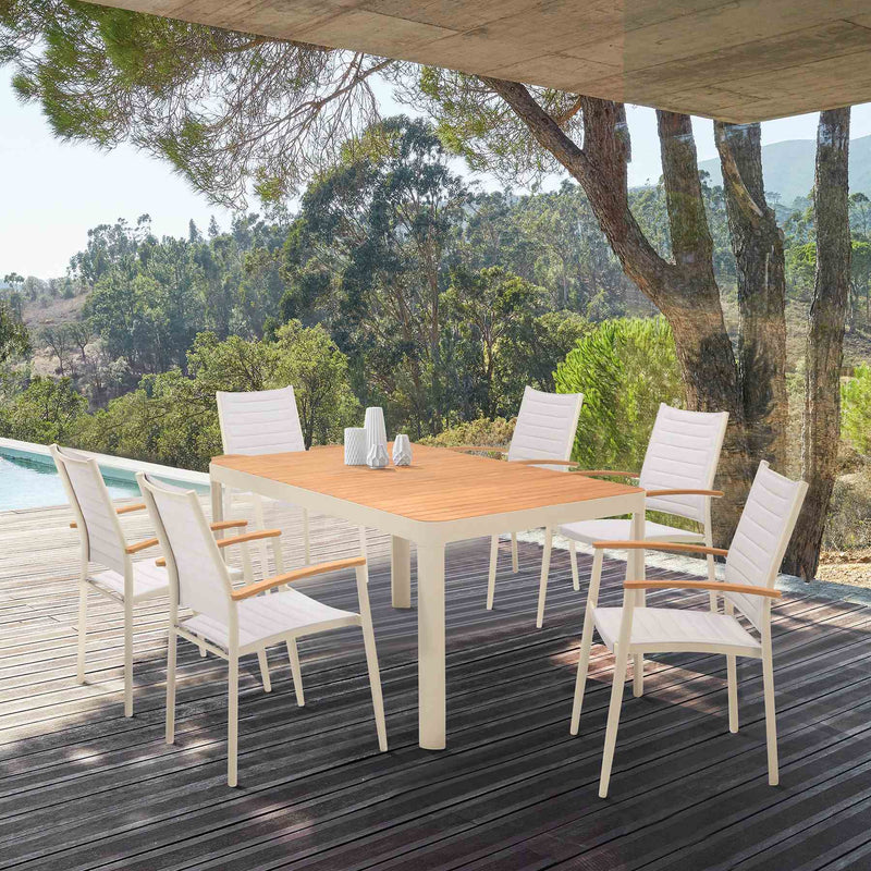 Portals Outdoor 7 Piece Coral Sand Aluminum & Teak Wood Dining Set - Furniture City (CA)l