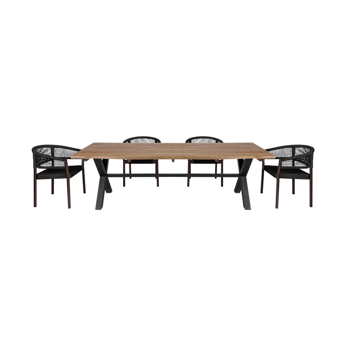 Glendora Doris Outdoor Patio 5 Piece Live Edge Dining Set in Eucalyptus Wood and Black Rope
