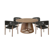 Escondido Doris Outdoor Patio 5 Piece Round Dining Set in Eucalyptus Wood and Black Rope - Furniture City (CA)l
