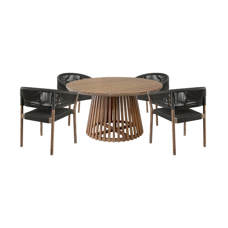 Escondido Doris Outdoor Patio 5 Piece Round Dining Set in Eucalyptus Wood and Black Rope - Furniture City (CA)l