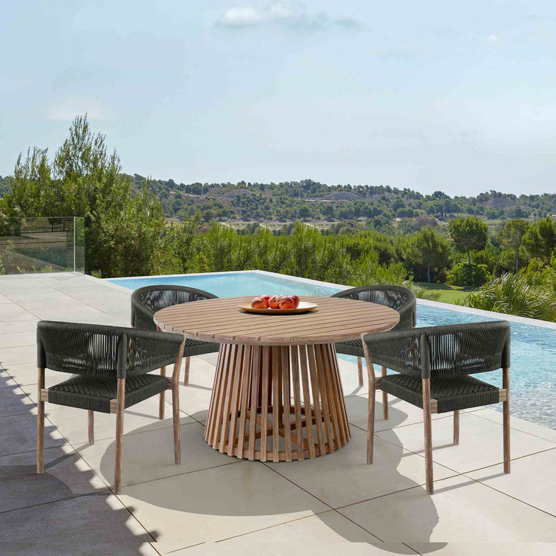 Escondido Doris Outdoor Patio 5 Piece Round Dining Set in Eucalyptus Wood and Black Rope - Furniture City (CA)l