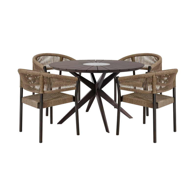 Oasis Doris Outdoor Patio 5 Piece Round Dining Set in Eucalyptus Wood with Truffle Rope - Furniture City (CA)l