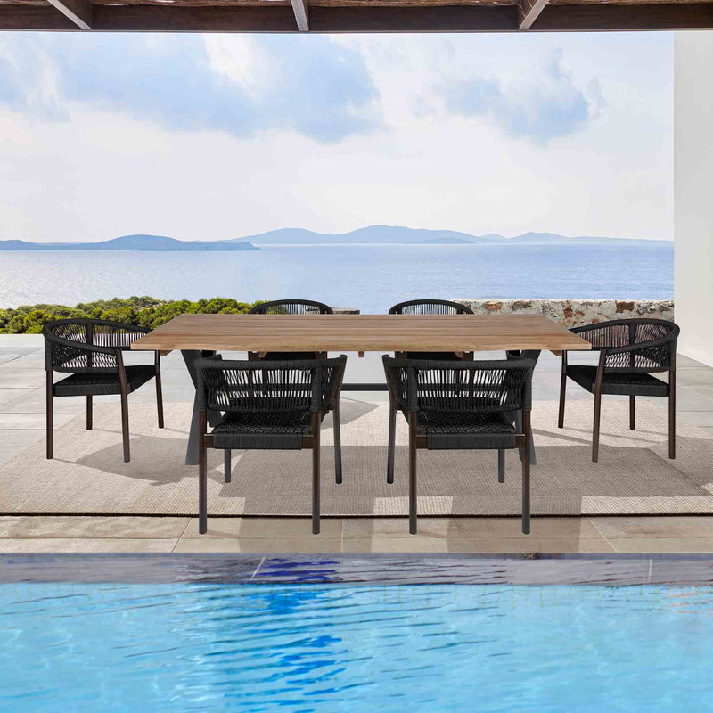 Glendora Doris Outdoor Patio 7 Piece Live Edge Dining Set in Eucalyptus Wood and Black Rope - Furniture City (CA)l