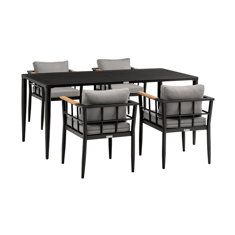 Ezra Outdoor Patio 5-Piece Dining Table Set in Aluminum and Teak with Gray Cushions - Furniture City (CA)l