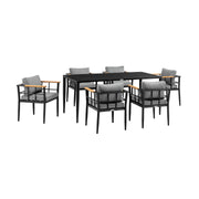 Ezra Outdoor Patio 7-Piece Dining Table Set in Aluminum and Teak with Gray Cushions - Furniture City (CA)l