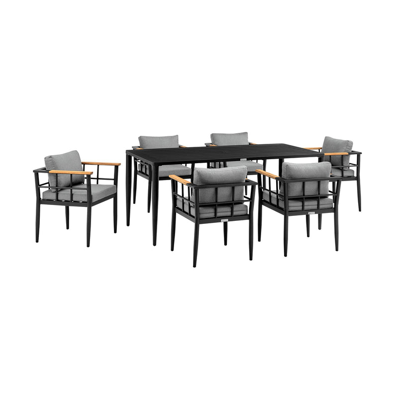 Ezra Outdoor Patio 7-Piece Dining Table Set in Aluminum and Teak with Gray Cushions - Furniture City (CA)l
