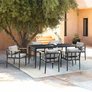Ezra Outdoor Patio 7-Piece Dining Table Set in Aluminum and Teak with Gray Cushions - Furniture City (CA)l