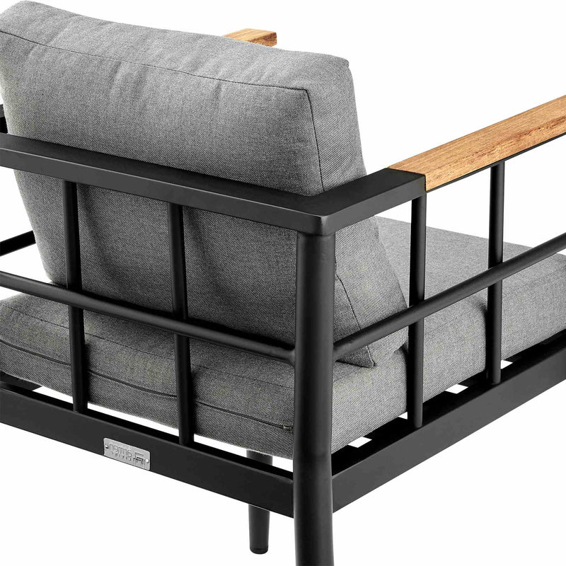 Ezra Outdoor Patio 7-Piece Dining Table Set in Aluminum and Teak with Gray Cushions - Furniture City (CA)l
