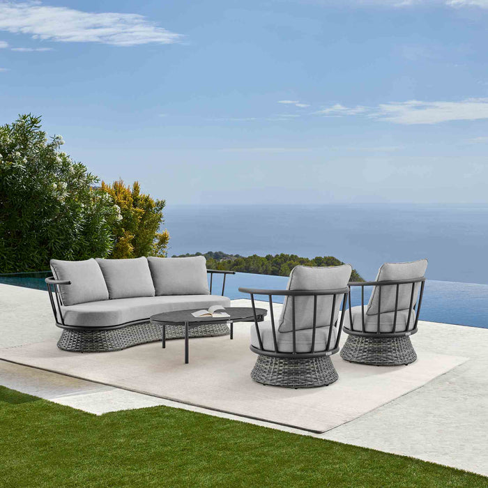 Giotto 4 Piece Outdoor Patio Furniture Set in Black Aluminum and Gray Wicker with Gray Cushions