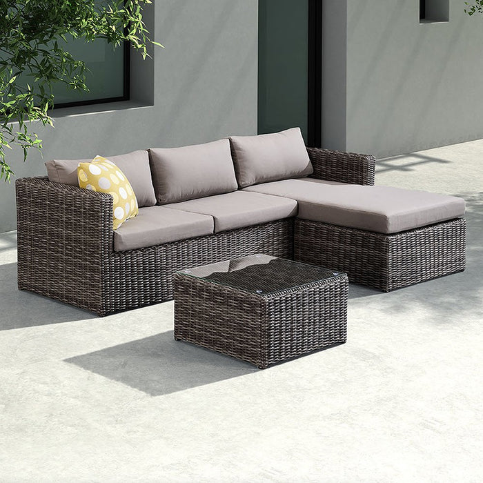 Hagen 3 piece Outdoor Rattan Sectional Chase Set with Brown Cushions and Modern Accent Pillows