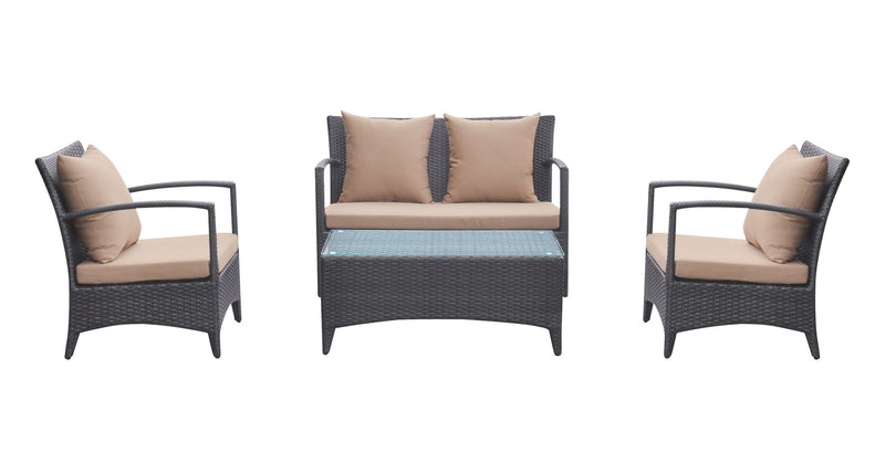 Havana 4 piece Outdoor Wicker Patio Set with Brown Fabric Cushions and Tempered Glass Top - Furniture City (CA)l