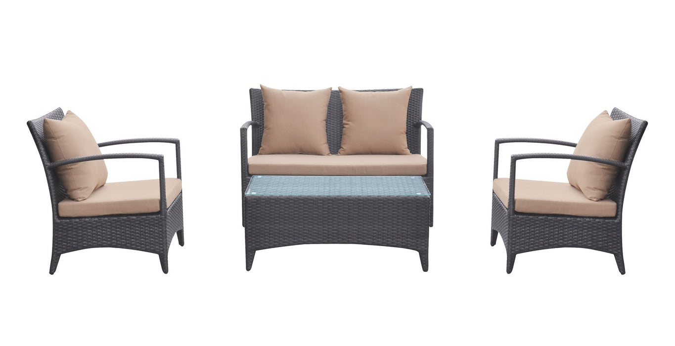 Havana 4 piece Outdoor Wicker Patio Set with Brown Fabric Cushions and Tempered Glass Top