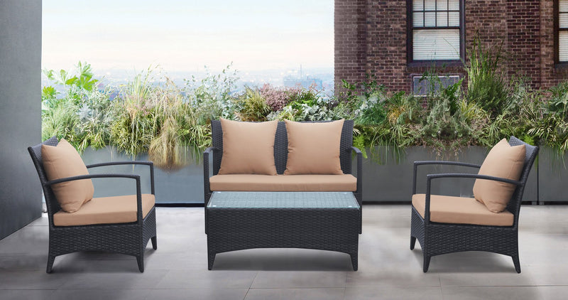 Havana 4 piece Outdoor Wicker Patio Set with Brown Fabric Cushions and Tempered Glass Top - Furniture City (CA)l