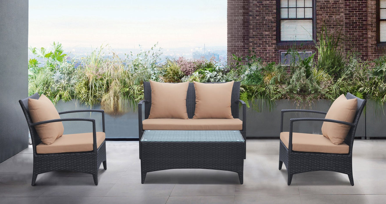 Havana 4 piece Outdoor Wicker Patio Set with Brown Fabric Cushions and Tempered Glass Top