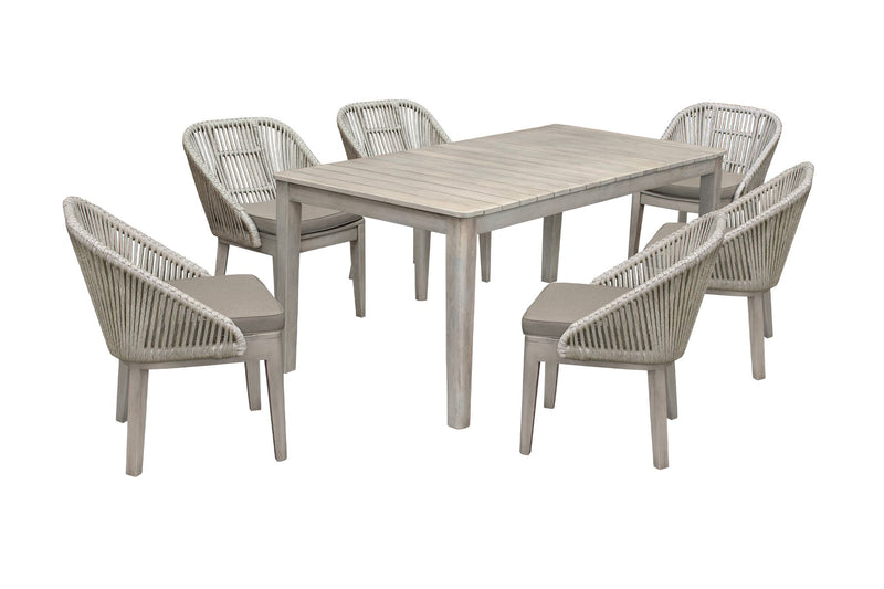 Haiti Outdoor Patio 7-Piece Dining Table Set with Side Chairs in Gray Acacia Wood and Rope - Furniture City (CA)l