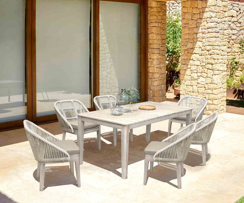 Haiti Outdoor Patio 7-Piece Dining Table Set with Side Chairs in Gray Acacia Wood and Rope