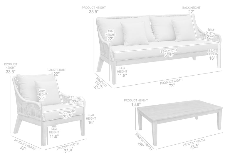 Hawaii 4 Piece Outdoor Patio Furniture Set in Acacia Wood and Rope with Gray Cushions - Furniture City (CA)l