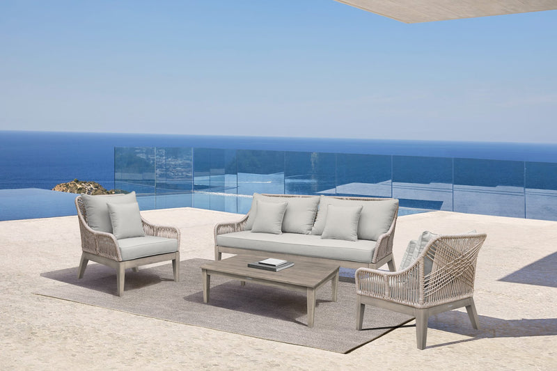 Hawaii 4 Piece Outdoor Patio Furniture Set in Acacia Wood and Rope with Gray Cushions - Furniture City (CA)l