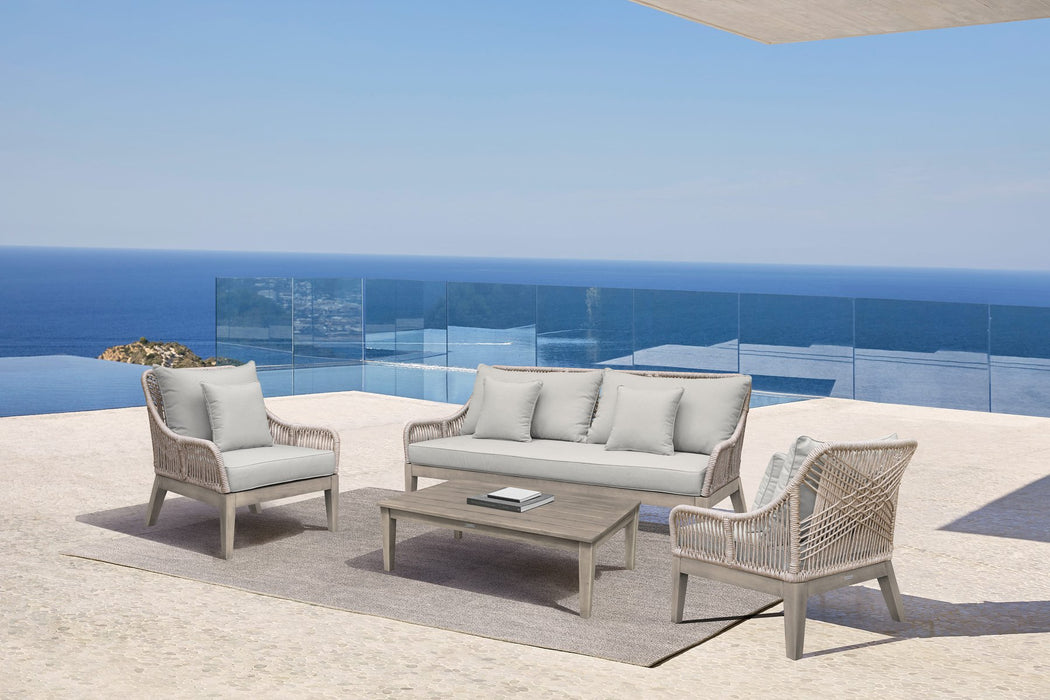 Hawaii 4 Piece Outdoor Patio Furniture Set in Acacia Wood and Rope with Gray Cushions