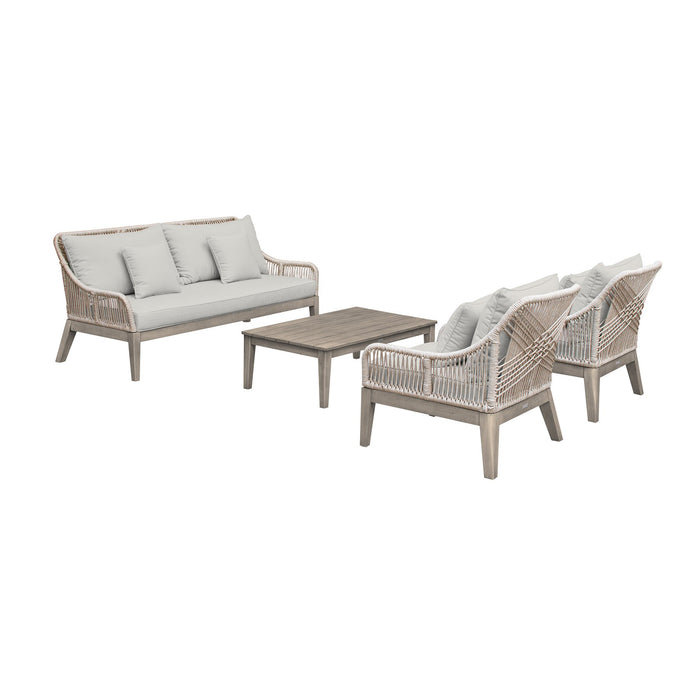 Hawaii 4 Piece Outdoor Patio Furniture Set in Acacia Wood and Rope with Gray Cushions