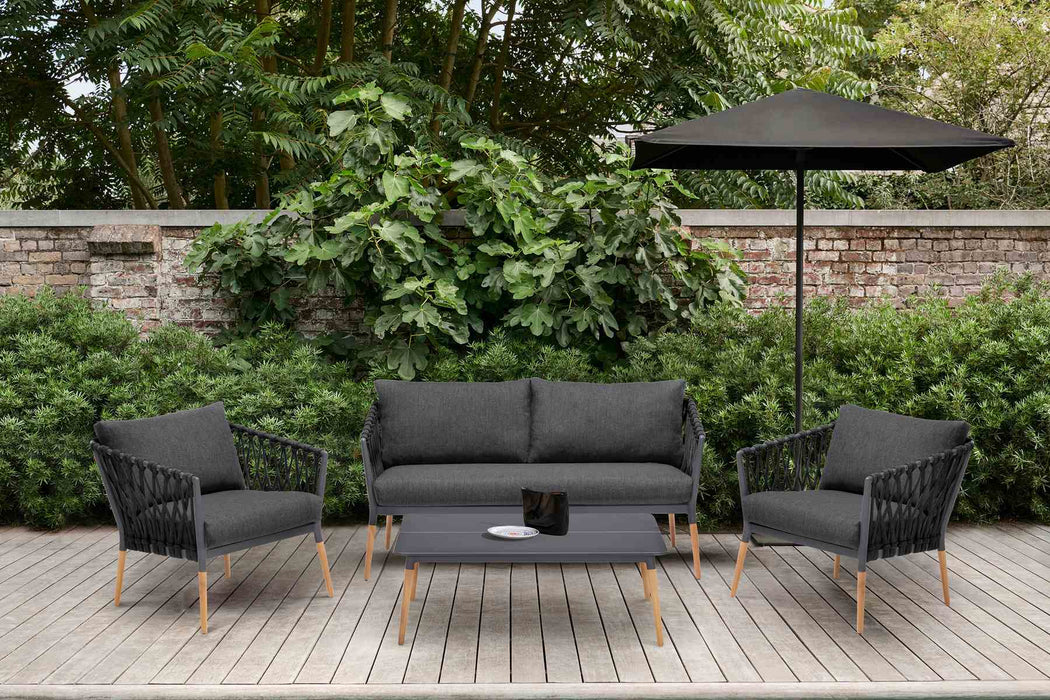 Ipanema Outdoor 4 Piece Rope and Teak Sofa Seating Set with Dark Gray Olefin