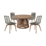 Escondido Island Outdoor Patio 5 Piece Round Dining Set in Eucalyptus Wood and Gray Rope - Furniture City (CA)l