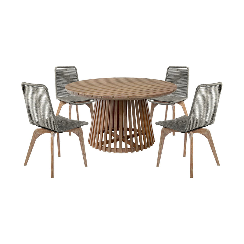 Escondido Island Outdoor Patio 5 Piece Round Dining Set in Eucalyptus Wood and Gray Rope - Furniture City (CA)l