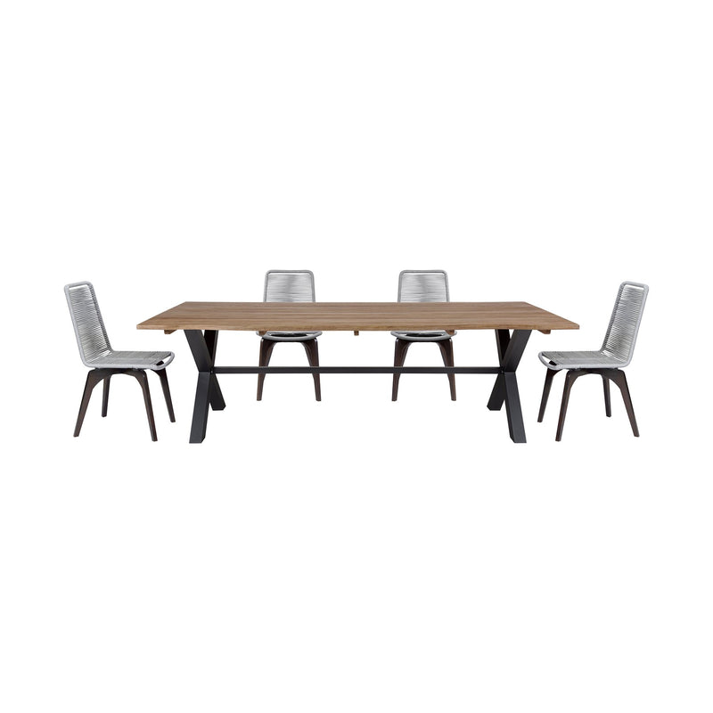 Glendora Island Outdoor Patio 5 Piece Live Edge Dining Set in Eucalyptus Wood and Silver Rope - Furniture City (CA)l