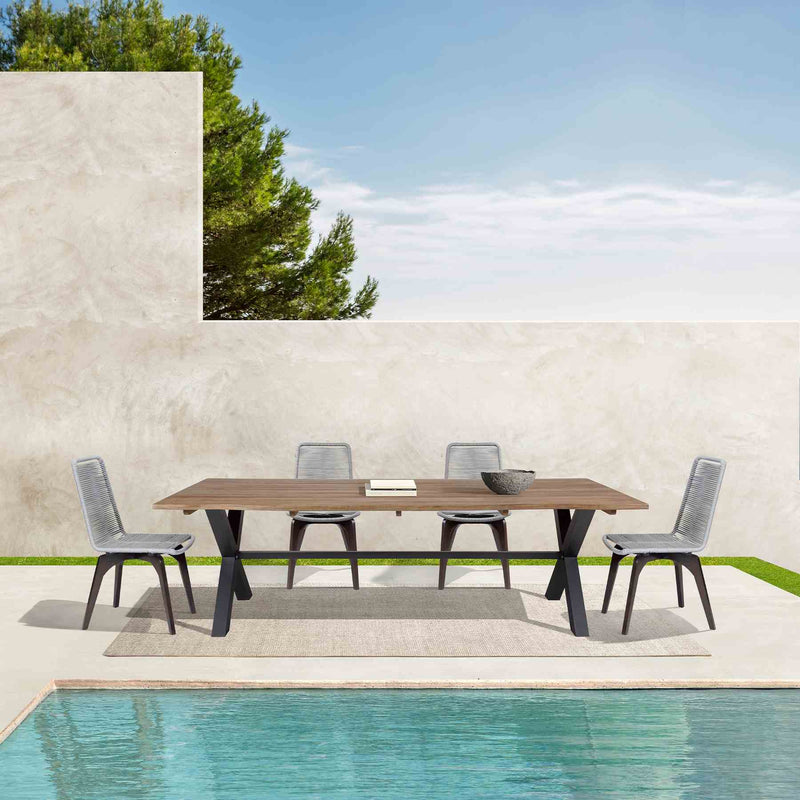 Glendora Island Outdoor Patio 5 Piece Live Edge Dining Set in Eucalyptus Wood and Silver Rope - Furniture City (CA)l