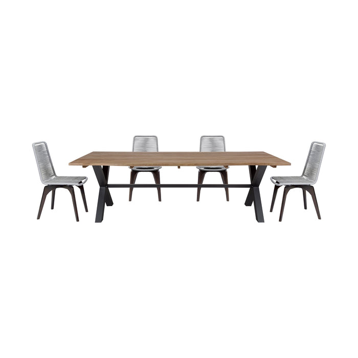 Glendora Island Outdoor Patio 5 Piece Live Edge Dining Set in Eucalyptus Wood and Silver Rope