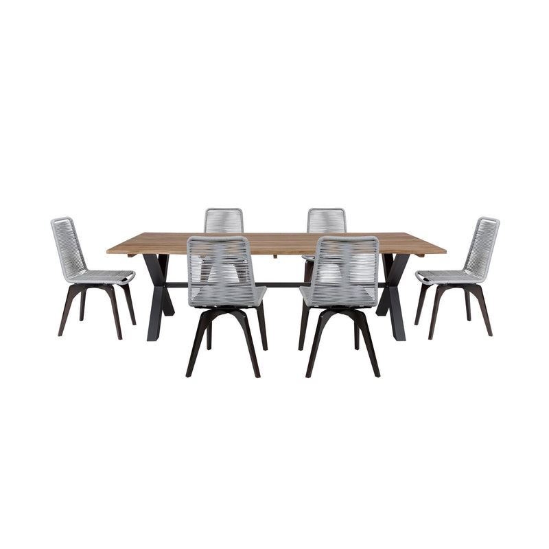 Glendora Island Outdoor Patio 7 Piece Live Edge Dining Set in Eucalyptus Wood and Silver Rope - Furniture City (CA)l