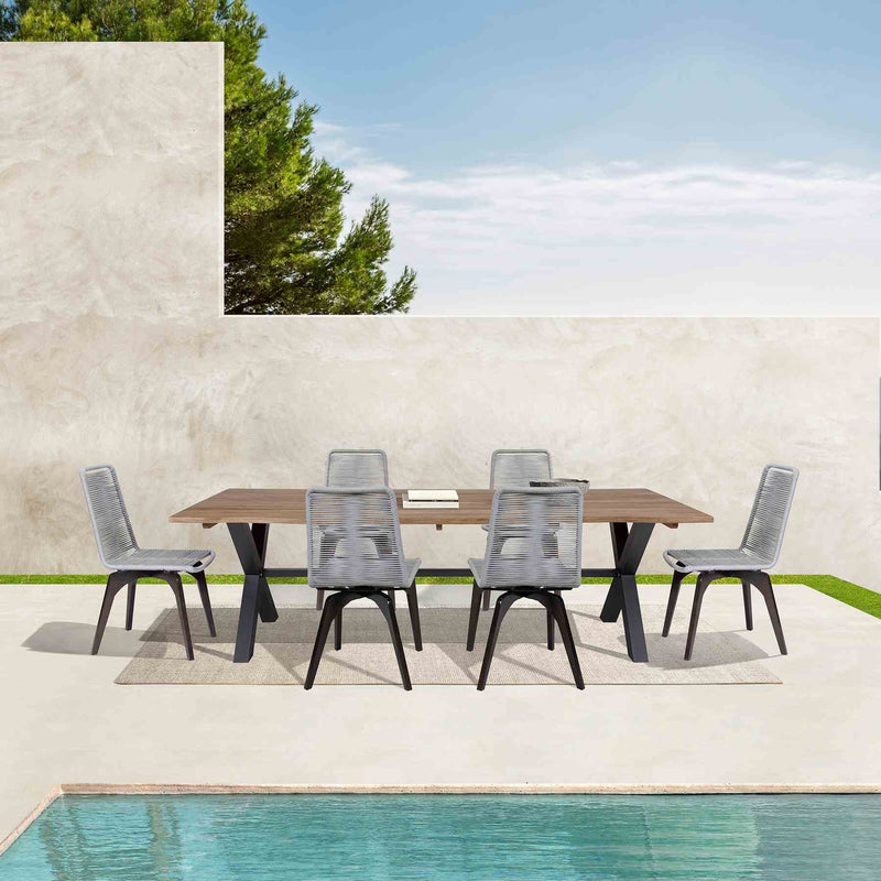 Glendora Island Outdoor Patio 7 Piece Live Edge Dining Set in Eucalyptus Wood and Silver Rope - Furniture City (CA)l