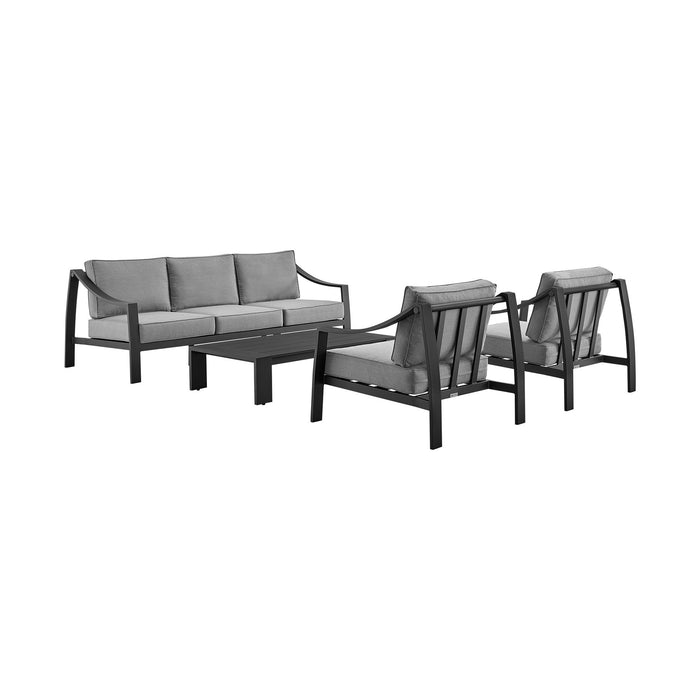 Koda 4 Piece Outdoor Patio Furniture Set in Black Aluminum with Gray Cushions
