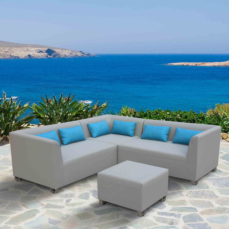 Lagoon 4 piece Outdoor Textilene Sectional Set in Taupe with Sky Blue Accent Pillows - Furniture City (CA)l