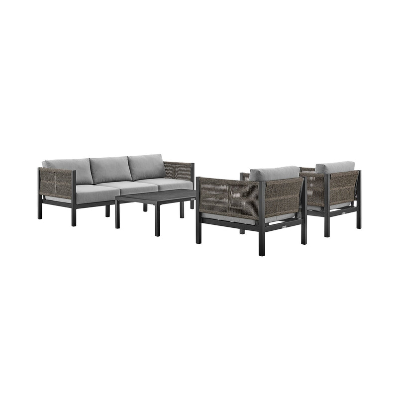 Mareike 4 Piece Outdoor Patio Furniture Set in Black Aluminum and Rope with Gray Cushions - Furniture City (CA)l