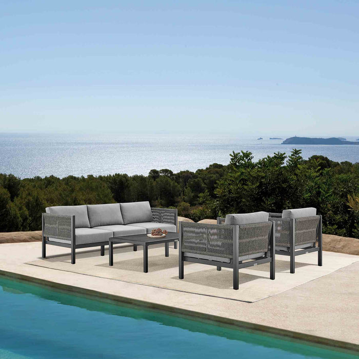 Mareike 4 Piece Outdoor Patio Furniture Set in Black Aluminum and Rope with Gray Cushions